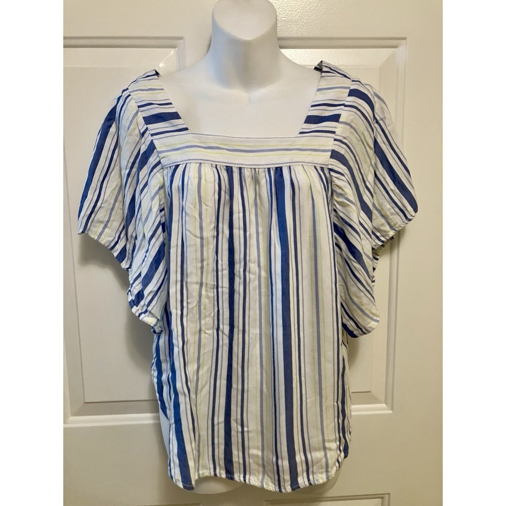 Beach Lunch Lounge Top Coastal Shirt Flutter Sleeve Size XS White Blue‎